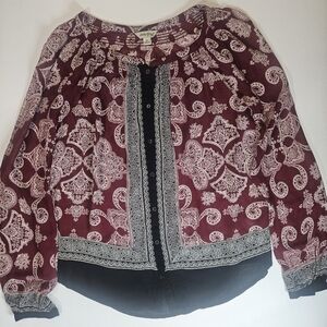 Lucky Brand Button Down Blouse Womens Small Red White Black‎ Paisley Cottagecore